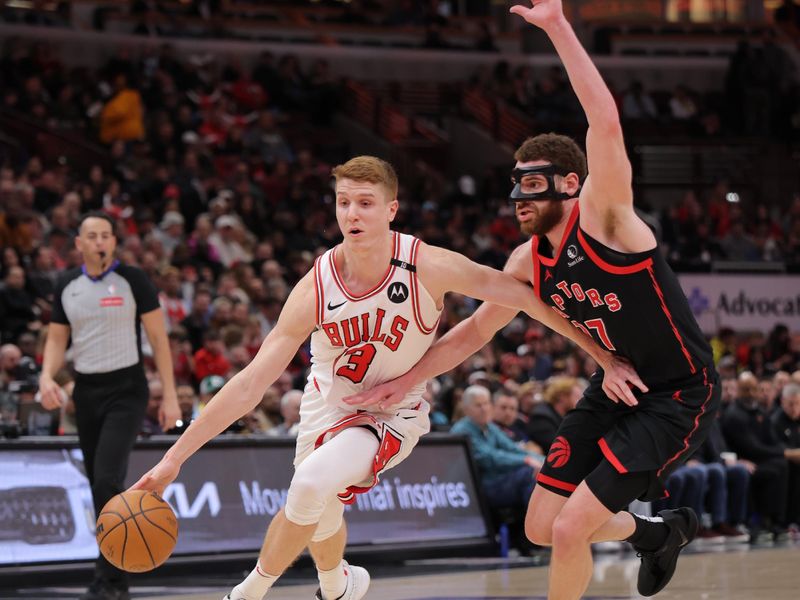 CHICAGO, IL - APRIL 1:  Kevin Huerter #13 of Chicago Bulls dribbles the ball during the game against the Toronto Raptors on February, 2025 at United Center in Chicago, Illinois. NOTE TO USER: User expressly acknowledges and agrees that, by downloading and or using this photograph, User is consenting to the terms and conditions of the Getty Images License Agreement. Mandatory Copyright Notice: Copyright 2025 NBAE (Photo by Melissa Tamez/NBAE via Getty Images)