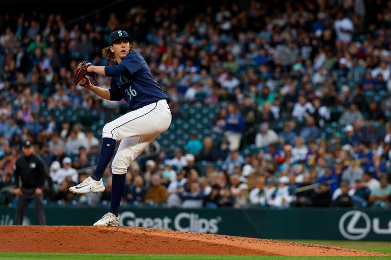 Aug 27, 2024; Seattle, Washington, USA; Seattle Mariners starting pitcher Logan Gilbert (36) throws against the Tampa Bay Rays during the fourth inning at T-Mobile Park. Mandatory Credit: Joe Nicholson-USA TODAY Sports