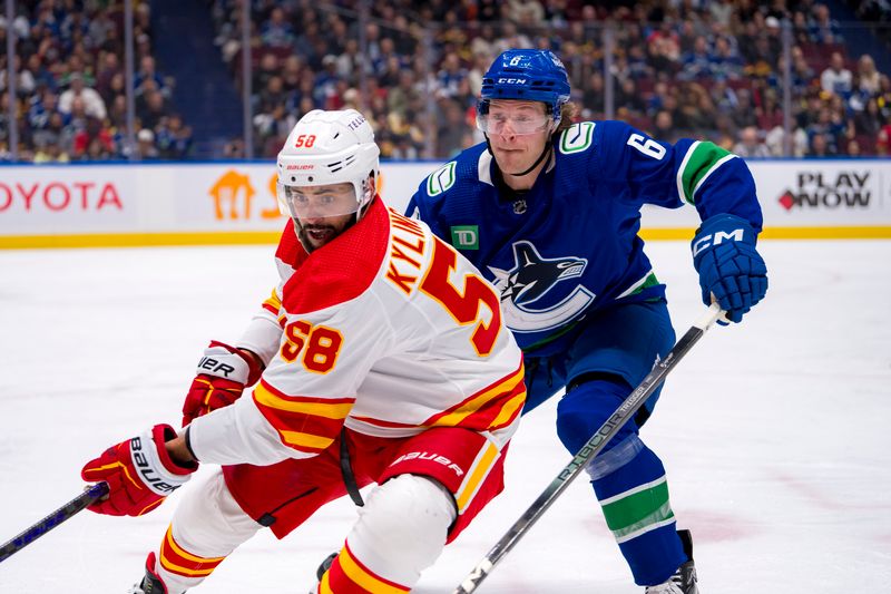 Apr 16, 2024; Vancouver, British Columbia, CAN; Vancouver Canucks forward Brock Boeser (6) checks Calgary Flames defenseman Oliver Kylington (58) in the first period at Rogers Arena. Mandatory Credit: Bob Frid-USA TODAY Sports