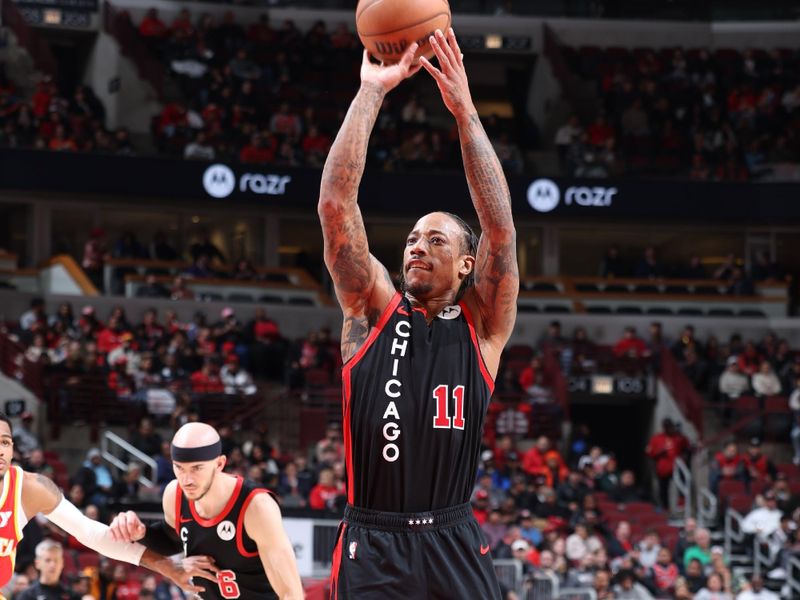 CHICAGO, IL - APRIL 1: DeMar DeRozan #11 of the Chicago Bulls shoots a free throw during the game against the Atlanta Hawks on April 1, 2024 at United Center in Chicago, Illinois. NOTE TO USER: User expressly acknowledges and agrees that, by downloading and or using this photograph, User is consenting to the terms and conditions of the Getty Images License Agreement. Mandatory Copyright Notice: Copyright 2024 NBAE (Photo by Jeff Haynes/NBAE via Getty Images)