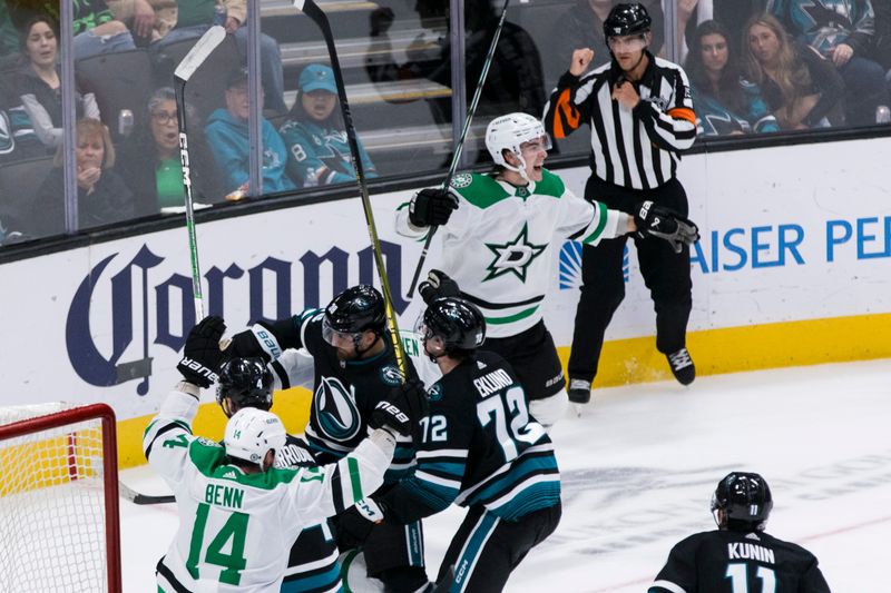 Mar 5, 2024; San Jose, California, USA; Dallas Stars center Wyatt Johnston (53) reacts after scoring against the San Jose Sharks during the third period at SAP Center at San Jose. Mandatory Credit: John Hefti-USA TODAY Sports