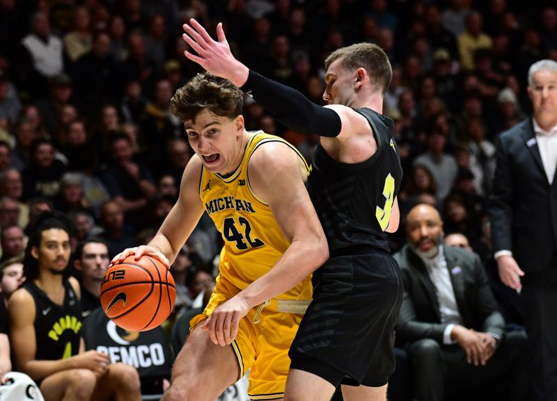 Jan 23, 2024; West Lafayette, Indiana, USA; Michigan Wolverines forward Will Tschetter (42) drives toward the basket against Purdue Boilermakers guard Braden Smith (3) during the first half at Mackey Arena. Mandatory Credit: Marc Lebryk-USA TODAY Sports