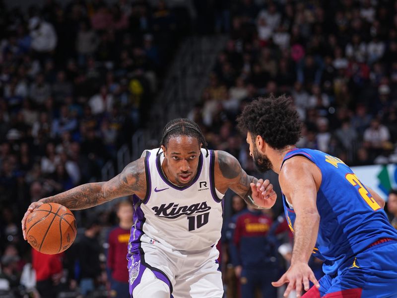 DENVER, CO - MARCH 5:  DeMar DeRozan #10 of the Sacramento Kings dribbles the ball during the game against the Denver Nuggets on March 5, 2025 at Ball Arena in Denver, Colorado. NOTE TO USER: User expressly acknowledges and agrees that, by downloading and/or using this Photograph, user is consenting to the terms and conditions of the Getty Images License Agreement. Mandatory Copyright Notice: Copyright 2025 NBAE (Photo by Bart Young/NBAE via Getty Images)