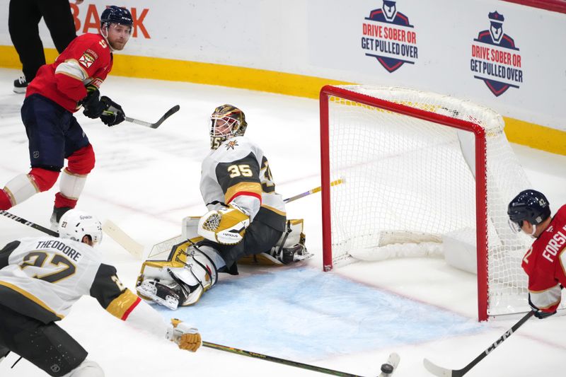 Oct 19, 2024; Sunrise, Florida, USA; Florida Panthers defenseman Gustav Forsling (42) closes in to shoot the winning goal against Vegas Golden Knights goaltender Ilya Samsonov (35) in overtime off the stick of Vegas defenseman Shea Theodore (27) at Amerant Bank Arena. Mandatory Credit: Jim Rassol-Imagn Images