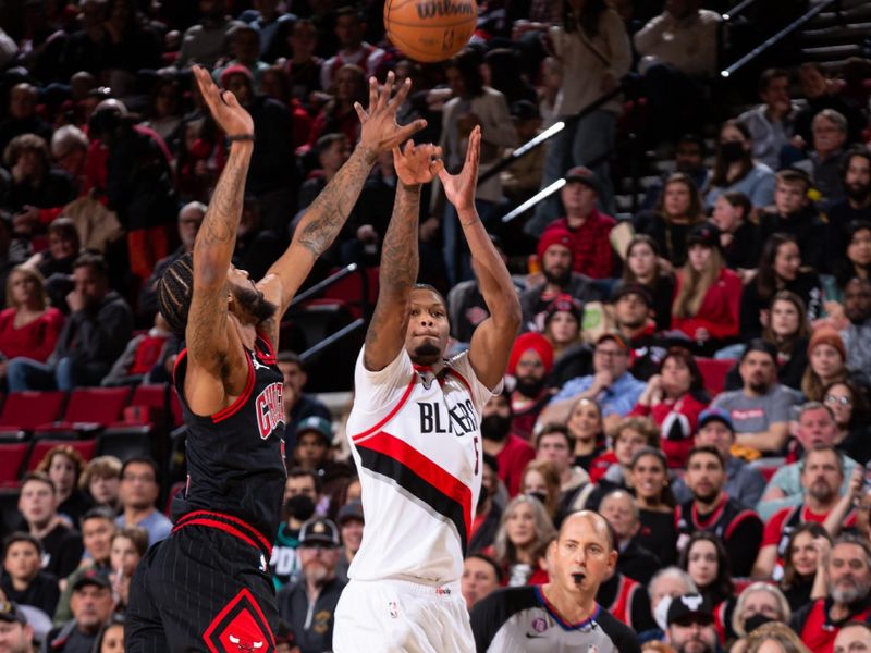 PORTLAND, OR - MARCH 24:  Cam Reddish #5 of the Portland Trail Blazers shoots a three point basket during the game  on March 24, 2023 at the Moda Center Arena in Portland, Oregon. NOTE TO USER: User expressly acknowledges and agrees that, by downloading and or using this photograph, user is consenting to the terms and conditions of the Getty Images License Agreement. Mandatory Copyright Notice: Copyright 2023 NBAE (Photo by Cameron Browne/NBAE via Getty Images)