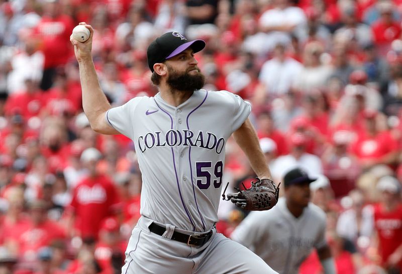 Jun 21, 2023; Cincinnati, Ohio, USA; Colorado Rockies starting pitcher Jake Bird (59) throws against the Cincinnati Reds during the second inning at Great American Ball Park. Mandatory Credit: David Kohl-USA TODAY Sports