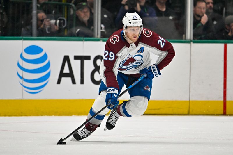 May 7, 2024; Dallas, Texas, USA; Colorado Avalanche center Nathan MacKinnon (29) skates against the Dallas Stars during the second period in game one of the second round of the 2024 Stanley Cup Playoffs at American Airlines Center. Mandatory Credit: Jerome Miron-USA TODAY Sports