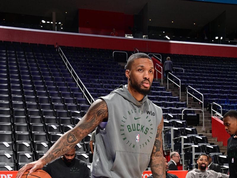 DETROIT, MI - OCTOBER 6: Damian Lillard #0 of the Milwaukee Bucks warms up before the game against the Detroit Pistons during a NBA preseason game on October 6, 2024 at Little Caesars Arena in Detroit, Michigan. NOTE TO USER: User expressly acknowledges and agrees that, by downloading and/or using this photograph, User is consenting to the terms and conditions of the Getty Images License Agreement. Mandatory Copyright Notice: Copyright 2024 NBAE (Photo by Chris Schwegler/NBAE via Getty Images)
