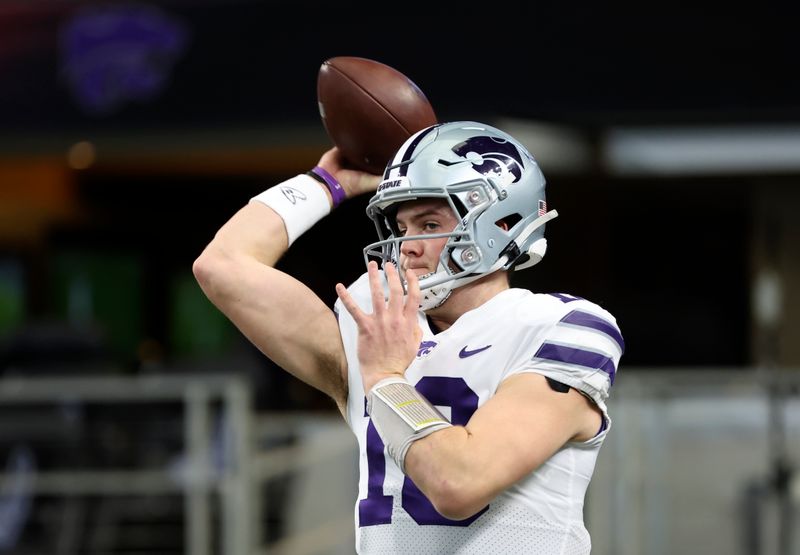 Dec 3, 2022; Arlington, TX, USA;  Kansas State Wildcats quarterback Will Howard (18) warms up before the game against the TCU Horned Frogs at AT&T Stadium. Mandatory Credit: Kevin Jairaj-USA TODAY Sports