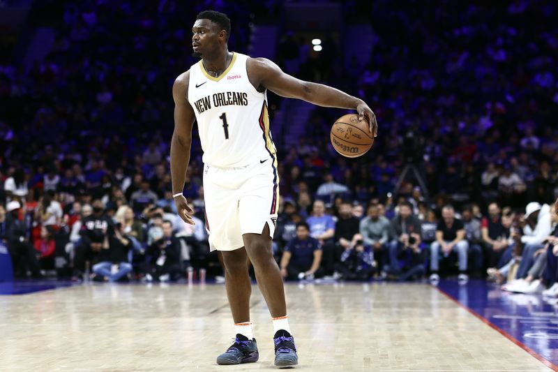 PHILADELPHIA, PENNSYLVANIA - MARCH 08: Zion Williamson #1 of the New Orleans Pelicans dribbles during the second quarter against the Philadelphia 76ers at the Wells Fargo Center on March 08, 2024 in Philadelphia, Pennsylvania. NOTE TO USER: User expressly acknowledges and agrees that, by downloading and or using this photograph, User is consenting to the terms and conditions of the Getty Images License Agreement.  (Photo by Tim Nwachukwu/Getty Images)