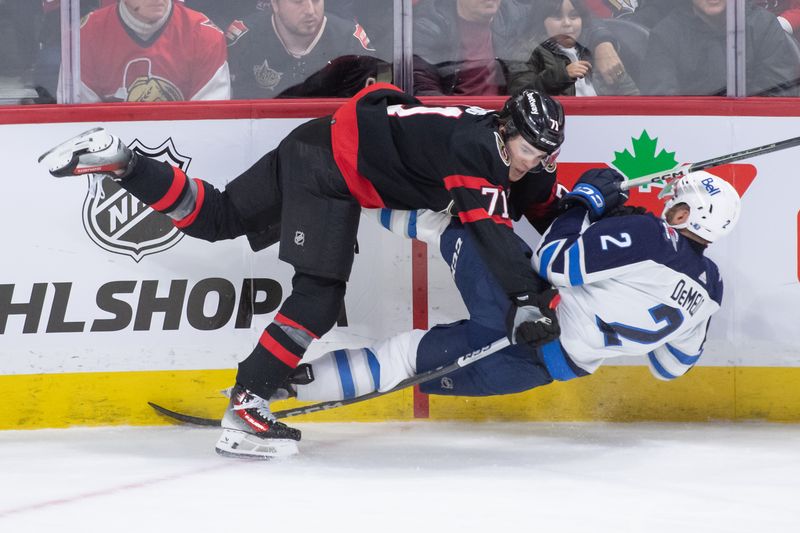 Jan 20, 2024; Ottawa, Ontario, CAN; Ottawa Senators center Ridly Greig (71) collides with Winnipeg Jets defenseman Dylan DeMelo (2) in the third period at the Canadian Tire Centre. Mandatory Credit: Marc DesRosiers-USA TODAY Sports