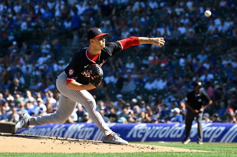 Sep 21, 2024; Chicago, Illinois, USA;  Washington Nationals pitcher MacKenzie Gore (1) delivers against the Chicago Cubs during the first inning at Wrigley Field. Mandatory Credit: Matt Marton-Imagn Images