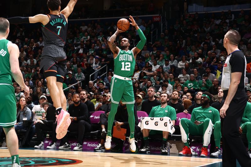 WASHINGTON, DC -? MARCH 17:  Oshae Brissett #12 of the Boston Celtics shoots the ball during the game against the Washington Wizards on March 17, 2024 at Capital One Arena in Washington, DC. NOTE TO USER: User expressly acknowledges and agrees that, by downloading and or using this Photograph, user is consenting to the terms and conditions of the Getty Images License Agreement. Mandatory Copyright Notice: Copyright 2024 NBAE (Photo by Kenny Giarla/NBAE via Getty Images)