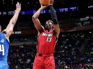 ORLANDO, FL - DECEMBER 20: Bam Adebayo #13 of the Miami Heat shoots the ball during the game against the Orlando Magic on December 20, 2023 at the Kia Center in Orlando, Florida. NOTE TO USER: User expressly acknowledges and agrees that, by downloading and or using this photograph, User is consenting to the terms and conditions of the Getty Images License Agreement. Mandatory Copyright Notice: Copyright 2023 NBAE (Photo by Fernando Medina/NBAE via Getty Images)