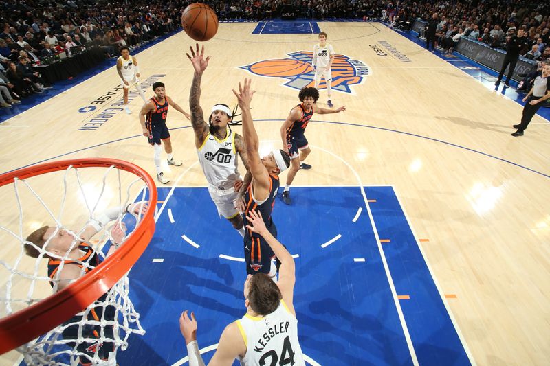 NEW YORK, NY - JANUARY 30: Jordan Clarkson #00 of the Utah Jazz shoots the ball during the game against the New York Knicks on January 30, 2024 at Madison Square Garden in New York City, New York.  NOTE TO USER: User expressly acknowledges and agrees that, by downloading and or using this photograph, User is consenting to the terms and conditions of the Getty Images License Agreement. Mandatory Copyright Notice: Copyright 2024 NBAE  (Photo by Nathaniel S. Butler/NBAE via Getty Images)