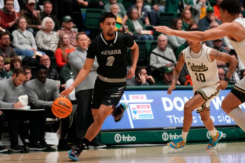 Feb 27, 2024; Fort Collins, Colorado, USA; Nevada Wolf Pack guard Jarod Lucas (2) drives against the Colorado State Rams during the first half at Moby Arena. Mandatory Credit: Michael Madrid-USA TODAY Sports