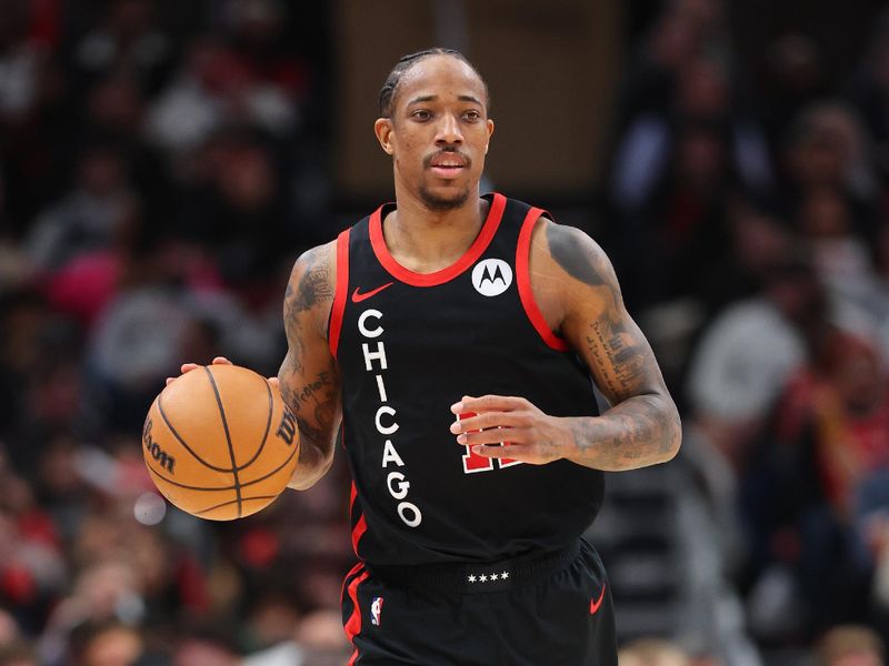 CHICAGO, ILLINOIS - DECEMBER 21: DeMar DeRozan #11 of the Chicago Bulls dribbles up the court against the San Antonio Spurs during the second half at the United Center on December 21, 2023 in Chicago, Illinois. NOTE TO USER: User expressly acknowledges and agrees that, by downloading and or using this photograph, User is consenting to the terms and conditions of the Getty Images License Agreement.  (Photo by Michael Reaves/Getty Images)