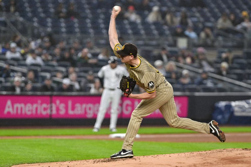 May 5, 2025; Bronx, New York, USA; San Diego Padres pitcher Nick Pivetta (27) pitches during the first inning against the New York Yankees at Yankee Stadium. Mandatory Credit: John Jones-Imagn Images