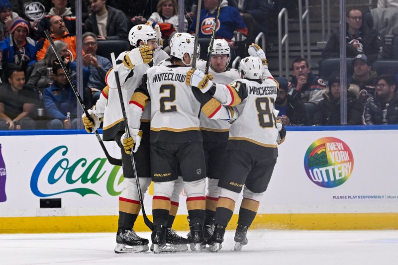 Jan 23, 2024; Elmont, New York, USA;  Vegas Golden Knights center Nicolas Roy (10) celebrates his goal against the New York Islanders during the second period at UBS Arena. Mandatory Credit: Dennis Schneidler-USA TODAY Sports