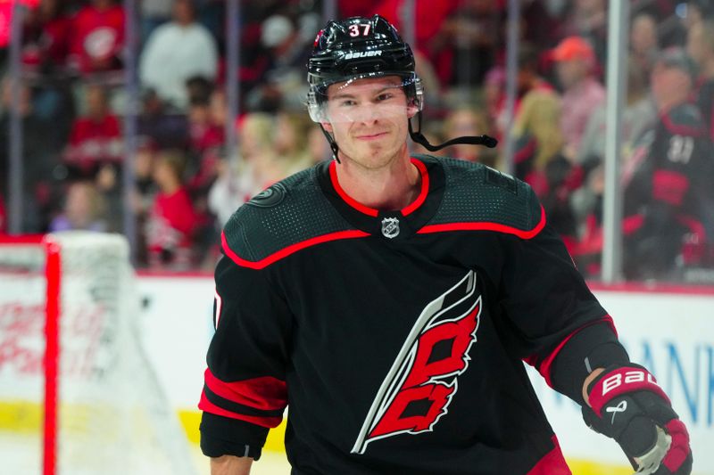 Oct 27, 2023; Raleigh, North Carolina, USA; Carolina Hurricanes right wing Andrei Svechnikov (37) skates before the game against the San Jose Sharks at PNC Arena. Mandatory Credit: James Guillory-USA TODAY Sports