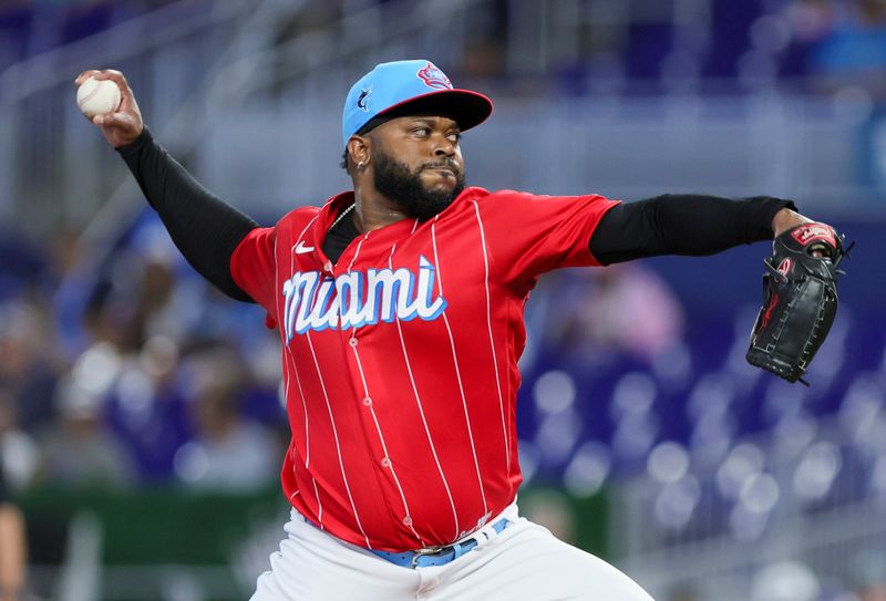 Jul 22, 2023; Miami, Florida, USA; Miami Marlins starting pitcher Johnny Cueto (47) pitches against the Colorado Rockies during the first inning at loanDepot Park. Mandatory Credit: Sam Navarro-USA TODAY Sports