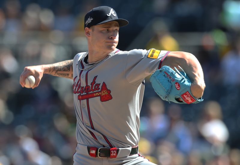 May 10, 2025; Pittsburgh, Pennsylvania, USA;  Atlanta Braves starting pitcher AJ Smith-Shawver (32) delivers a pitch against the Pittsburgh Pirates during the first inning at PNC Park. Mandatory Credit: Charles LeClaire-Imagn Images