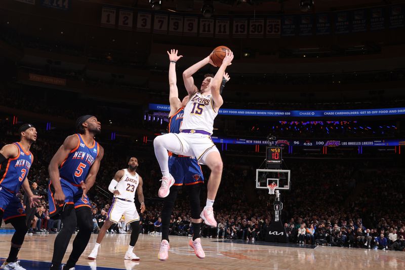 NEW YORK, NY - FEBRUARY 3: Austin Reaves #15 of the Los Angeles Lakers shoots the ball during the game against the New York Knicks on February 3, 2024 at Madison Square Garden in New York City, New York.  NOTE TO USER: User expressly acknowledges and agrees that, by downloading and or using this photograph, User is consenting to the terms and conditions of the Getty Images License Agreement. Mandatory Copyright Notice: Copyright 2024 NBAE  (Photo by Nathaniel S. Butler/NBAE via Getty Images)