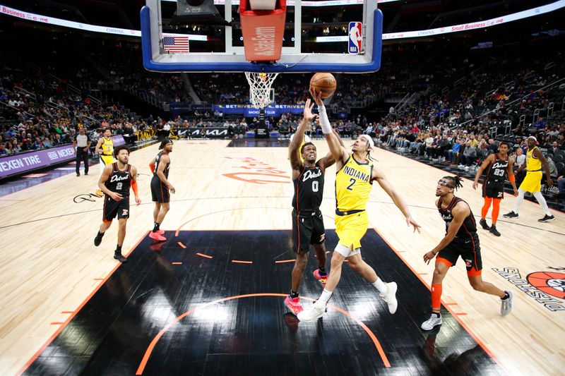 DETROIT, MI - MARCH 20: Andrew Nembhard #2 of the Indiana Pacers drives to the basket during the game against the Detroit Pistons on March 20, 2024 at Little Caesars Arena in Detroit, Michigan. NOTE TO USER: User expressly acknowledges and agrees that, by downloading and/or using this photograph, User is consenting to the terms and conditions of the Getty Images License Agreement. Mandatory Copyright Notice: Copyright 2024 NBAE (Photo by Brian Sevald/NBAE via Getty Images)