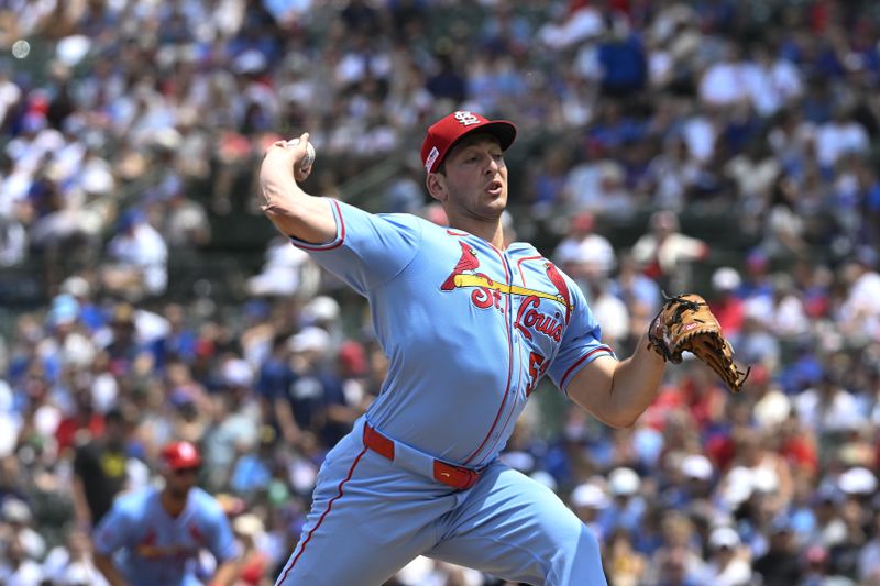 Jun 15, 2024; Chicago, Illinois, USA;  St. Louis Cardinals pitcher Andre Pallante (53) delivers against the Chicago Cubs during the first inning at Wrigley Field. Mandatory Credit: Matt Marton-USA TODAY Sports