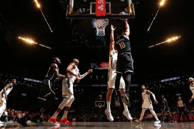 BROOKLYN, NY - OCTOBER 27: Ben Simmons #10 of the Brooklyn Nets drives to the basket during the game against the Milwaukee Bucks on October 27, 2024 at Barclays Center in Brooklyn, New York. NOTE TO USER: User expressly acknowledges and agrees that, by downloading and or using this Photograph, user is consenting to the terms and conditions of the Getty Images License Agreement. Mandatory Copyright Notice: Copyright 2024 NBAE (Photo by Nathaniel S. Butler/NBAE via Getty Images)