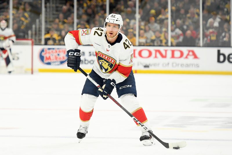 May 12, 2024; Boston, Massachusetts, USA; Florida Panthers defenseman Gustav Forsling (42) handles the puck during the second period in game four of the second round of the 2024 Stanley Cup Playoffs against the Boston Bruins at TD Garden. Mandatory Credit: Bob DeChiara-USA TODAY Sports