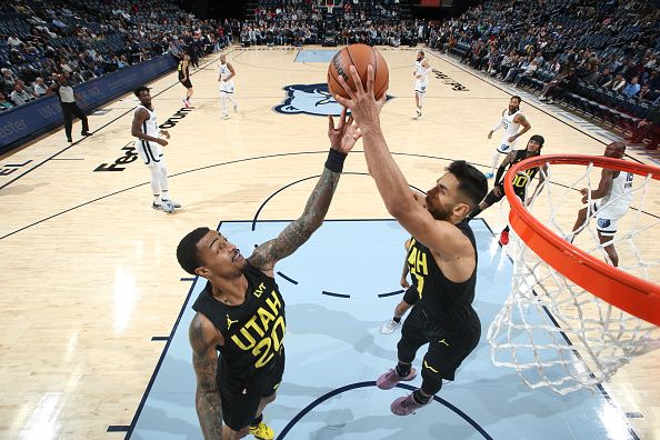 MEMPHIS, TN - NOVEMBER 29:  Omer Yurtseven #77 of the Utah Jazz grabs the rebound during the game  on November 29, 2023 at FedExForum in Memphis, Tennessee. NOTE TO USER: User expressly acknowledges and agrees that, by downloading and or using this photograph, User is consenting to the terms and conditions of the Getty Images License Agreement. Mandatory Copyright Notice: Copyright 2023 NBAE (Photo by Joe Murphy/NBAE via Getty Images)