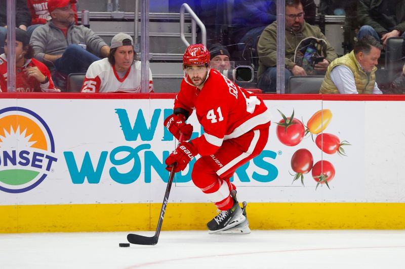 Dec 9, 2023; Detroit, Michigan, USA; Detroit Red Wings defenseman Shayne Gostisbehere (41) handles the puck during the third period at Little Caesars Arena. Mandatory Credit: Brian Bradshaw Sevald-USA TODAY Sports