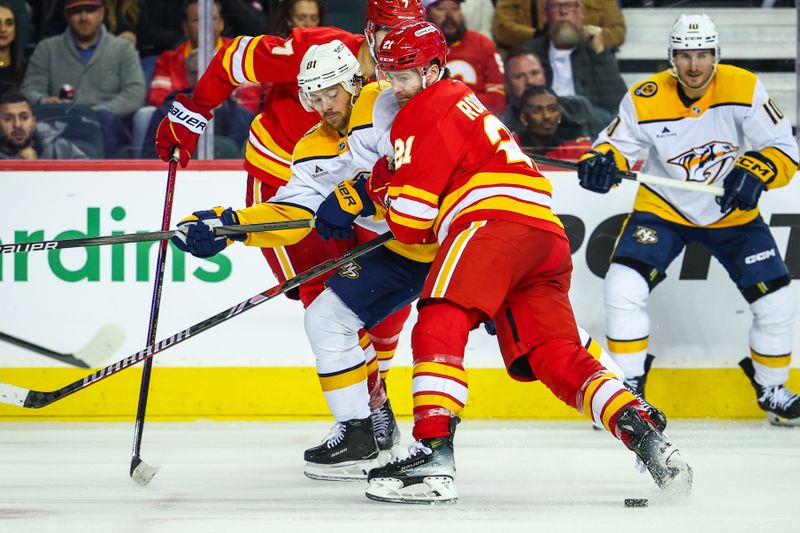 Nov 15, 2024; Calgary, Alberta, CAN; Nashville Predators center Jonathan Marchessault (81) and Calgary Flames center Kevin Rooney (21) battles for the puck during the third period at Scotiabank Saddledome. Mandatory Credit: Sergei Belski-Imagn Images