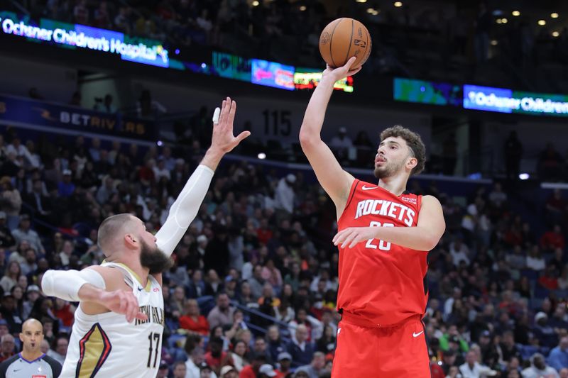 NEW ORLEANS, LOUISIANA - FEBRUARY 22: Alperen Sengun #28 of the Houston Rockets shoots over Jonas Valanciunas #17 of the New Orleans Pelicans during the first half at the Smoothie King Center on February 22, 2024 in New Orleans, Louisiana. NOTE TO USER: User expressly acknowledges and agrees that, by downloading and or using this Photograph, user is consenting to the terms and conditions of the Getty Images License Agreement. (Photo by Jonathan Bachman/Getty Images)