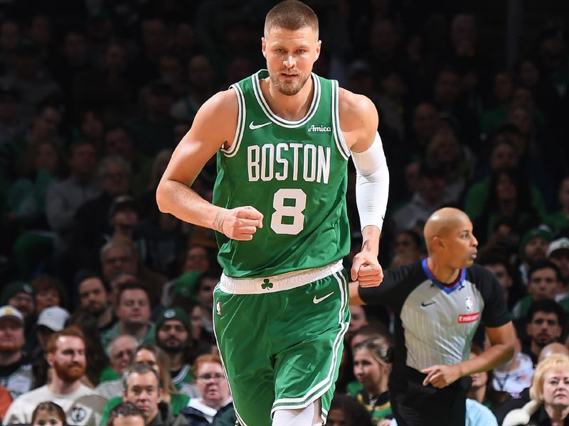 BOSTON, MA - JANUARY 12: Kristaps Porzingis #8 of the Boston Celtics looks on during the game against the New Orleans Pelicans on January 12, 2025 at TD Garden in Boston, Massachusetts. NOTE TO USER: User expressly acknowledges and agrees that, by downloading and/or using this Photograph, user is consenting to the terms and conditions of the Getty Images License Agreement. Mandatory Copyright Notice: Copyright 2025 NBAE (Photo by Brian Babineau/NBAE via Getty Images)