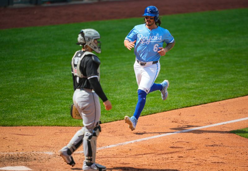 May 8, 2025; Kansas City, Missouri, USA; Kansas City Royals left fielder Jonathan India (6) scores a run against Chicago White Sox catcher Edgar Quero (7) during the eighth inning at Kauffman Stadium. Mandatory Credit: Jay Biggerstaff-Imagn Images