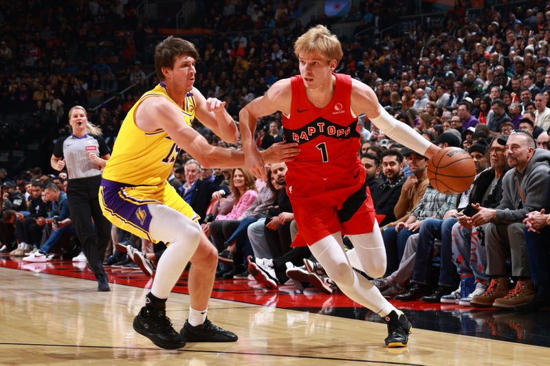 TORONTO, CANADA - NOVEMBER 1: Gradey Dick #1 of the Toronto Raptors dribbles the ball during the game against the Los Angeles Lakers on November 1, 2024 at the Scotiabank Arena in Toronto, Ontario, Canada.  NOTE TO USER: User expressly acknowledges and agrees that, by downloading and or using this Photograph, user is consenting to the terms and conditions of the Getty Images License Agreement.  Mandatory Copyright Notice: Copyright 2024 NBAE (Photo by Vaughn Ridley/NBAE via Getty Images)