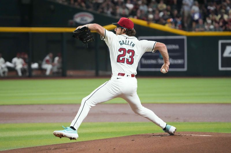 Jul 26, 2024; Phoenix, Arizona, USA; Arizona Diamondbacks pitcher Zac Gallen (23) pitches against the Pittsburgh Pirates during the first inning at Chase Field. Mandatory Credit: Joe Camporeale-USA TODAY Sports