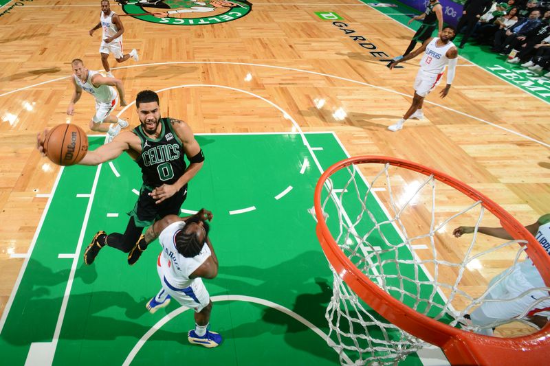 BOSTON, MA - JANUARY 27: Jayson Tatum #0 of the Boston Celtics drives to the basket during the game against the LA Clippers on January 27, 2024 at the TD Garden in Boston, Massachusetts. NOTE TO USER: User expressly acknowledges and agrees that, by downloading and or using this photograph, User is consenting to the terms and conditions of the Getty Images License Agreement. Mandatory Copyright Notice: Copyright 2024 NBAE  (Photo by Brian Babineau/NBAE via Getty Images)