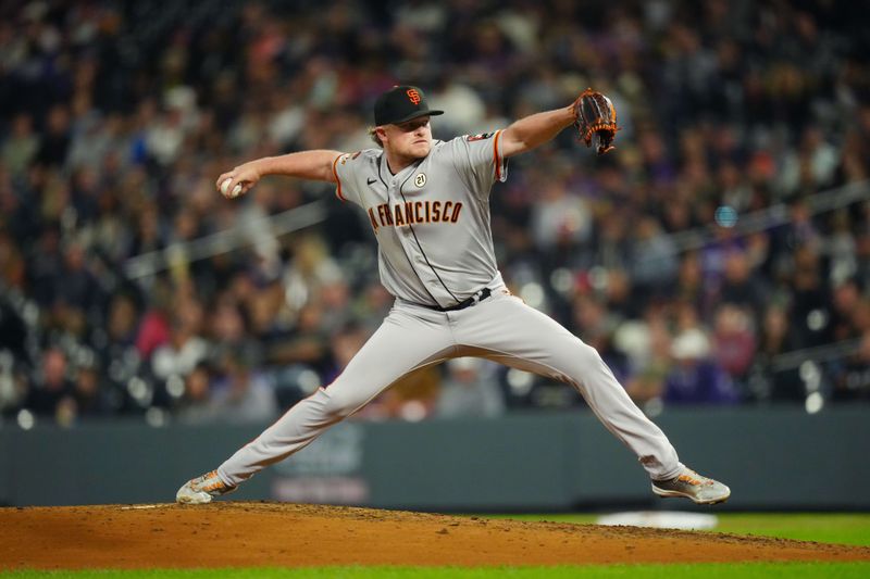 Sep 15, 2023; Denver, Colorado, USA; San Francisco Giants starting pitcher Logan Webb (62) delivers a pitch in the seventh inning against the Colorado Rockies at Coors Field. Mandatory Credit: Ron Chenoy-USA TODAY Sports