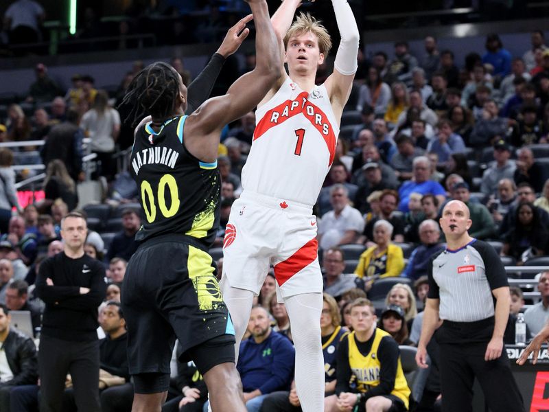 INDIANAPOLIS, INDIANA - FEBRUARY 26:   Gradey Dick #1 of the Toronto Raptors shoots the ball against the Indiana Pacers at Gainbridge Fieldhouse on February 26, 2024 in Indianapolis, Indiana.    NOTE TO USER: User expressly acknowledges and agrees that, by downloading and or using this photograph, User is consenting to the terms and conditions of the Getty Images License Agreement.  (Photo by Andy Lyons/Getty Images)