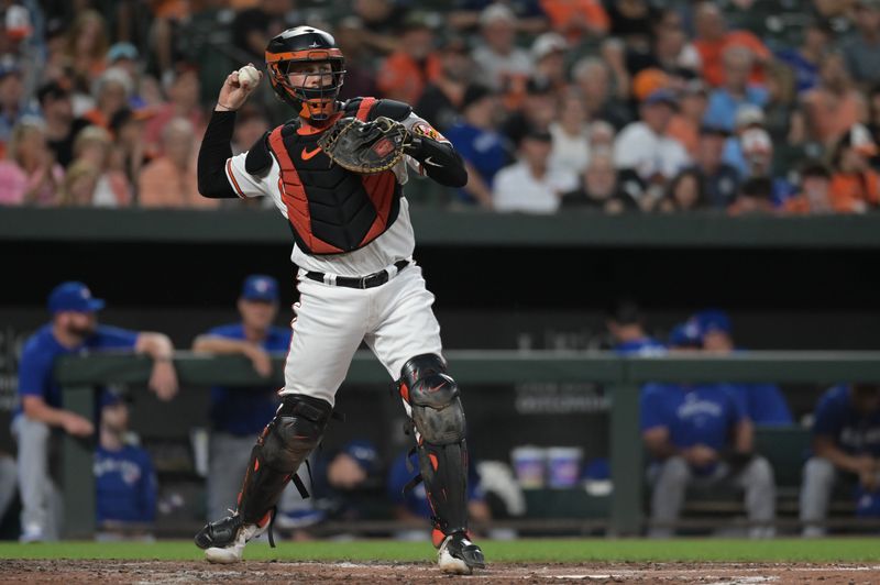 Aug 23, 2023; Baltimore, Maryland, USA;  Baltimore Orioles catcher Adley Rutschman (35) throws to first base during the third inning against the Toronto Blue Jays at Oriole Park at Camden Yards. Mandatory Credit: Tommy Gilligan-USA TODAY Sports