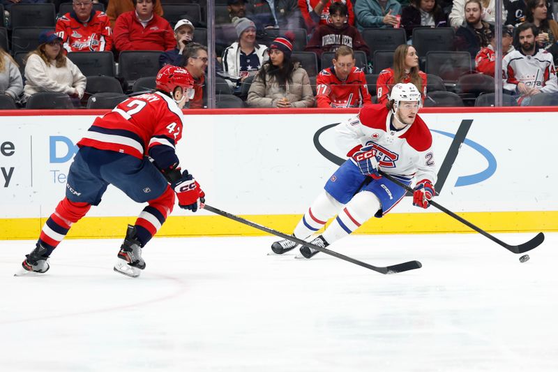 Jan 13, 2026; Washington, District of Columbia, USA; Montréal Canadiens left wing Sammy Blais (27) skates with the puck as Washington Capitals defenseman Martin Fehérváry (42) defends during the second period at Capital One Arena. Mandatory Credit: Geoff Burke-Imagn Images