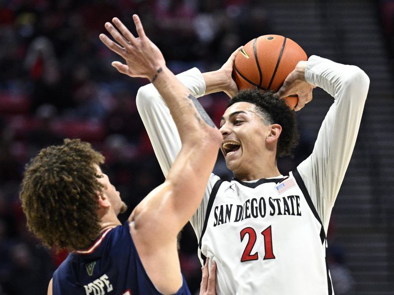 Jan 3, 2024; San Diego, California, USA; San Diego State Aztecs guard Miles Byrd (21) looks to pass defended by Fresno State Bulldogs guard Isaiah Pope (21) during the first half at Viejas Arena. Mandatory Credit: Orlando Ramirez-USA TODAY Sports 