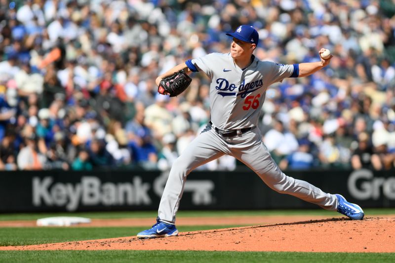 Sep 17, 2023; Seattle, Washington, USA; Los Angeles Dodgers relief pitcher Ryan Yarbrough (56) pitches to the Seattle Mariners during the second inning at T-Mobile Park. Mandatory Credit: Steven Bisig-USA TODAY Sports