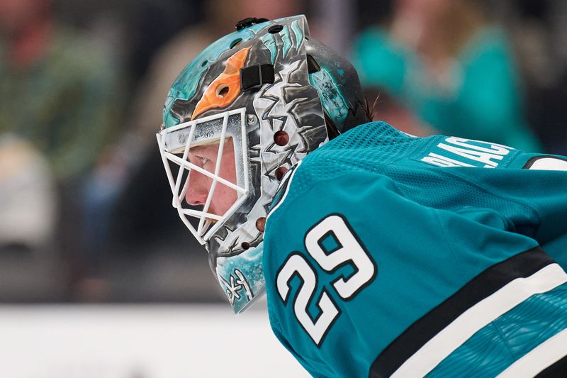 Apr 4, 2024; San Jose, California, USA; San Jose Sharks goaltender Mackenzie Blackwood (29) watches the play against the Los Angeles Kings during the first period at SAP Center at San Jose. Mandatory Credit: Robert Edwards-USA TODAY Sports