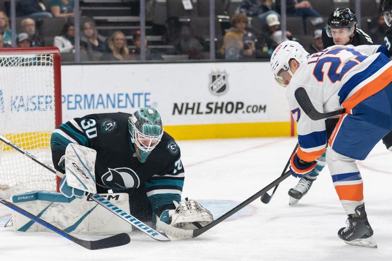 Mar 7, 2024; San Jose, California, USA; San Jose Sharks goaltender Magnus Chrona (30) defends the goal during the third period against New York Islanders left wing Anders Lee (27) at SAP Center at San Jose. Mandatory Credit: Stan Szeto-USA TODAY Sports