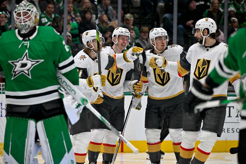 Dec 9, 2023; Dallas, Texas, USA; Vegas Golden Knights center William Karlsson (71) and left wing Pavel Dorofeyev (16) and defenseman Zach Whitecloud (2) and defenseman Nicolas Hague (14) celebrates a goal scored by Dorofeyev against Dallas Stars goaltender Jake Oettinger (29) during the third period at the American Airlines Center. Mandatory Credit: Jerome Miron-USA TODAY Sports