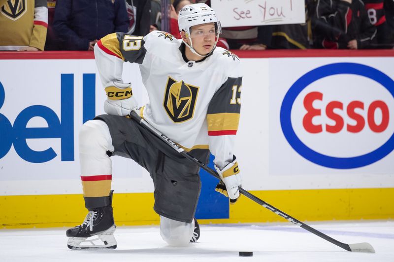 Feb 24, 2024; Ottawa, Ontario, CAN; Vegas Golden Knights center Jakub Demek (13) participates in warmup in the game against the Ottawa Senators at the Canadian Tire Centre. Mandatory Credit: Marc DesRosiers-USA TODAY Sports